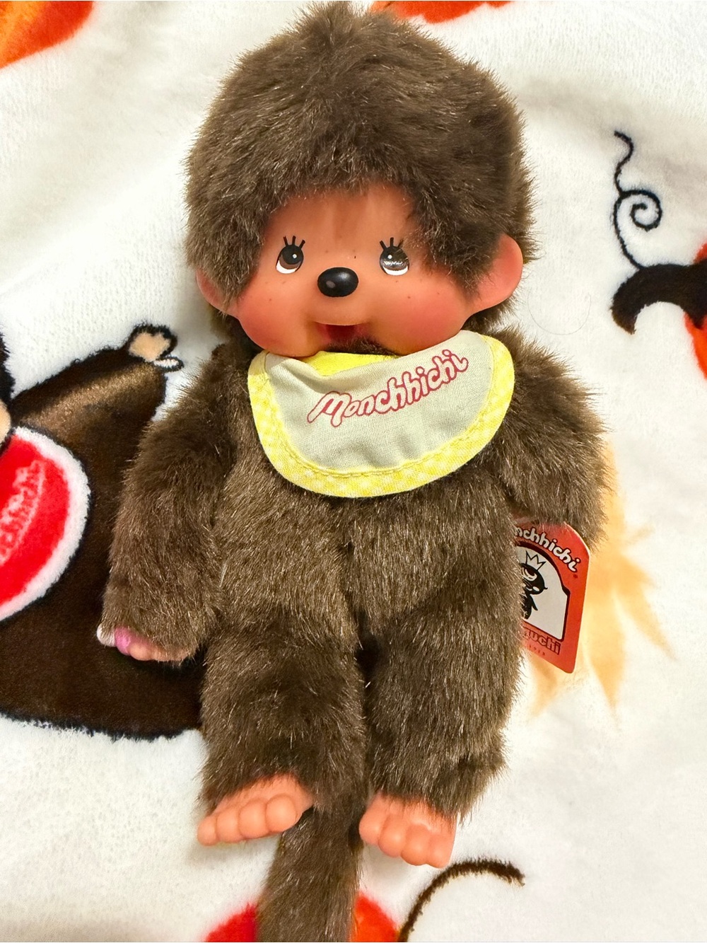 Classic Brown Monchichi Doll with Bib